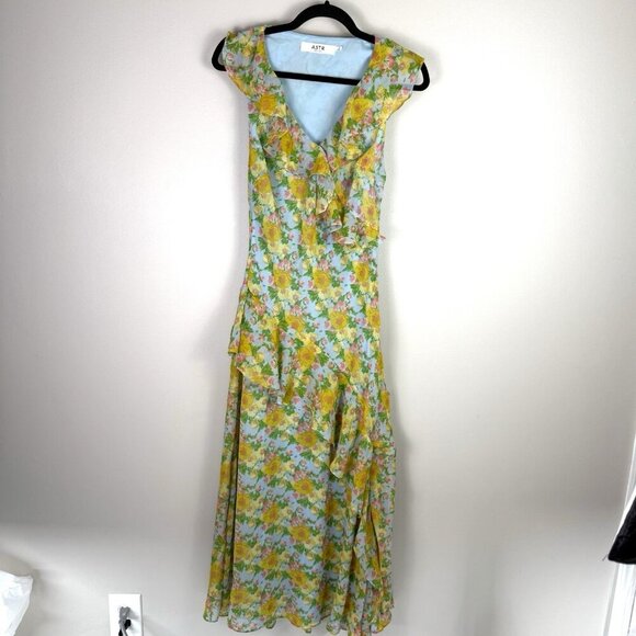 ASTR The Label Floral Ruffle Maxi Dress Blue Yellow Pink Size S Read Side Zipper - Picture 2 of 11